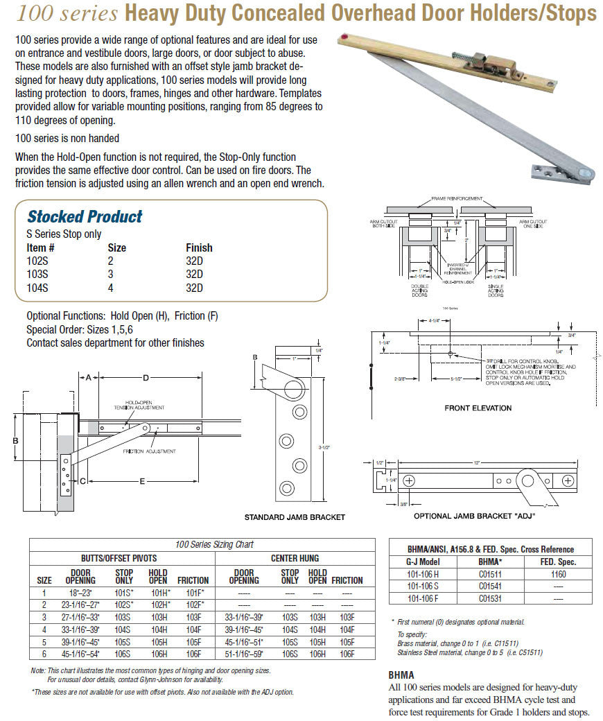 Glynn Johnson 100 Series Heavy Duty Concealed Overhead Door Holders