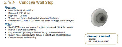 HAGER 236W CONCAVE WALL STOP - Doors and Specialties Co.