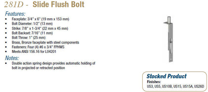 281D Slide Flush Bolt - Doors and Specialties Co.