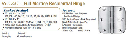 RC1841 Full Mortise Residential Hinge - Doors and Specialties Co.