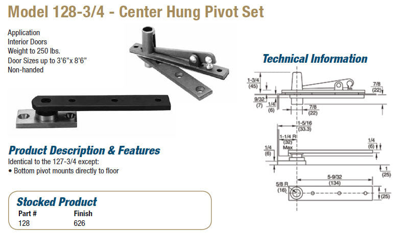 Model 128 3/4 Center Hung Pivot Set