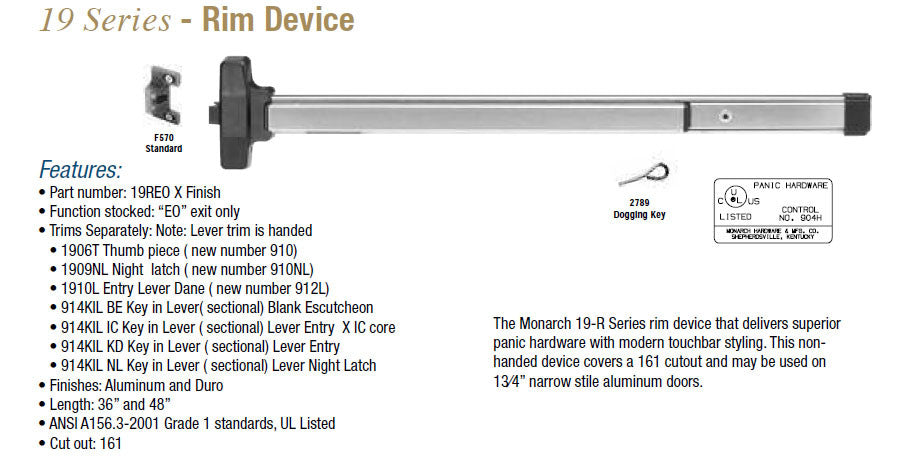 Falcon Rim Device Falcon 19 SERIES RIM AND ROD DEVICES – Doors and Specialties Co.