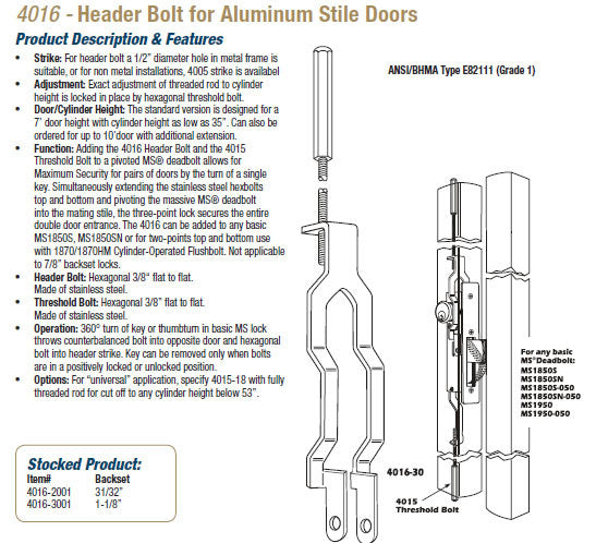 4016 Header Bolt for Aluminum Stile Doors