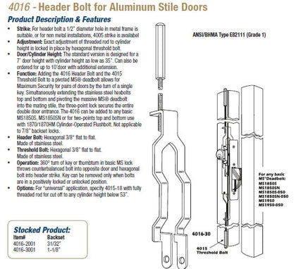 4016 Header Bolt for Aluminum Stile Doors - Doors and Specialties Co.