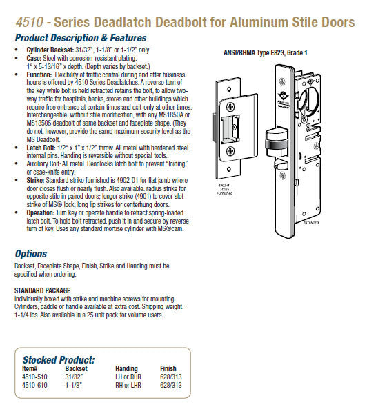Adams Rite 4510 Series Deadlatch Deadbolt for Aluminum Stile Doors ...