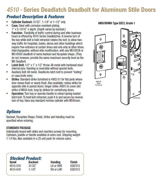 Standard Duty Deadlatch | OEM Panic Devices and Exit Hardware for  Commercial Buildings Adams Rite 4510 – 36 – 102 – 313標準Duty Deadlatch with 1 – 1 / 8 &#