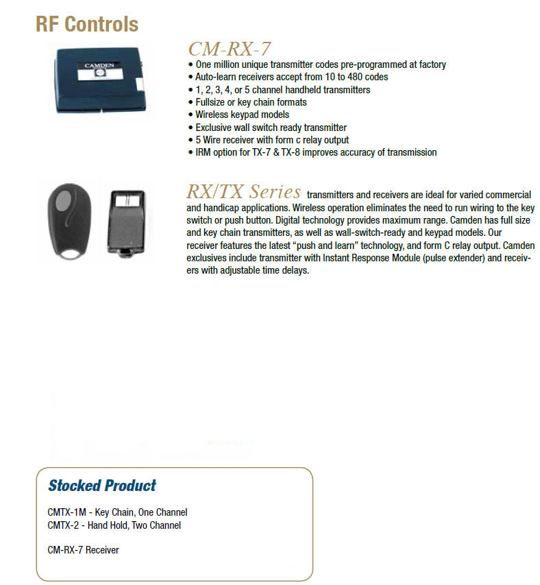 critical wireless foot pedal manual CAMDEN RF Controls – Doors and Specialties Co