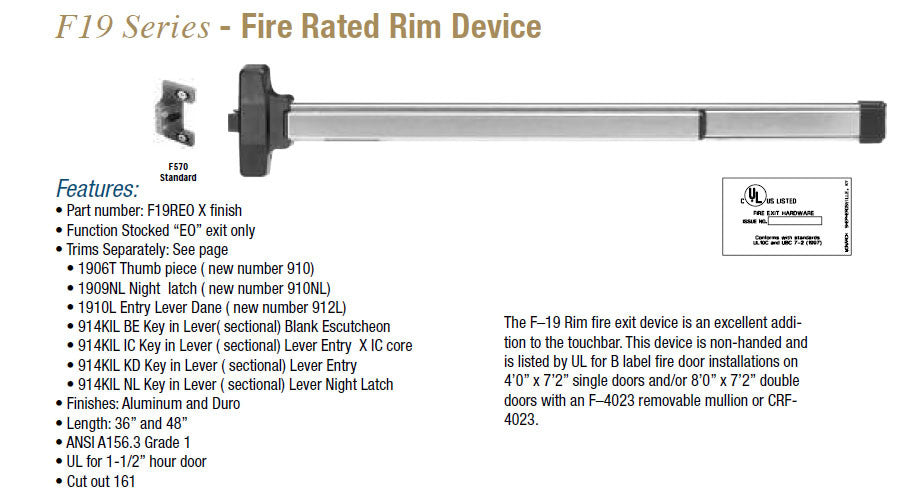Falcon Rim Device Falcon 19 SERIES RIM AND ROD DEVICES – Doors and Specialties Co.